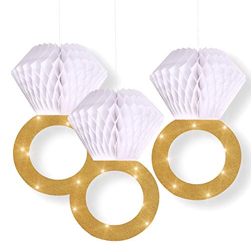 Bachelorette Party Decorations|Bridal Shower Supplies| Honeycomb Ring Hanging Decorations,Glitter Gold Diamond Ring,Perfect for Engagement Wedding Party And Bridal Shower