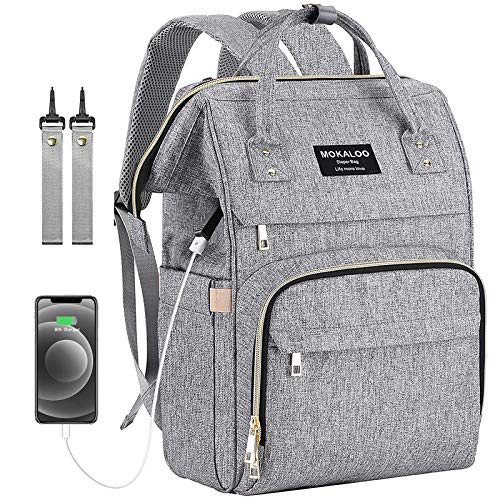 Diaper Bag Backpack, Mokaloo Large Baby Bag, Multi-functional Travel Back Pack, Anti-Water Maternity Nappy Bag Changing Bags with Insulated Pockets Stroller Straps and Built-in USB Charging Port, Gray