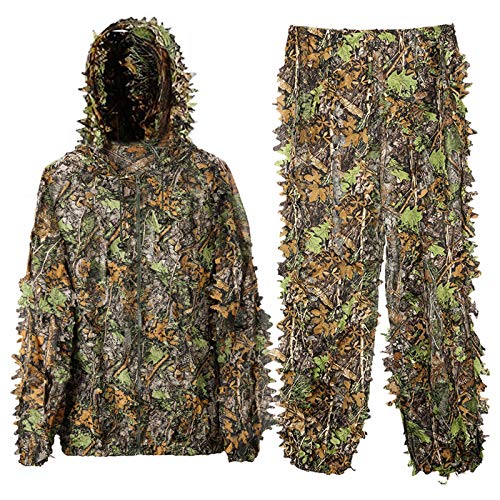 DoCred Ghillie Suit for Men, 3D Leafy Camo Hunting Suits Lightweight Hooded Camouflage Ghillie Breathable Hunting Suit for Jungle Hunting, Shooting, Airsoft, Hallowee Costume