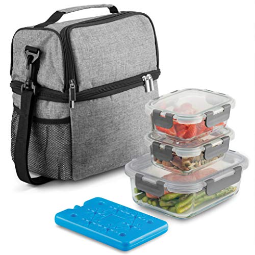 8-Piece Insulated Lunch Box Set - Insulated Lunch Bag for Women Men - 6-pc Glass Food Container Set, 3 Glass Containers Leakproof Locking Lids & Ice Pack - 2-Compartment Cooler Tote for Office Work