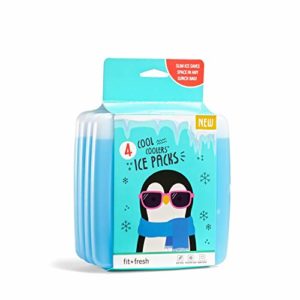 Cool Coolers by Fit + Fresh, Slim Ice Packs, Reusable & Long-Lasting, Perfect For Your Kid's Lunch Box, Camping Accessories, Insulated Lunch Bag, Beach Cooler Bag & More, 4PK, Blue