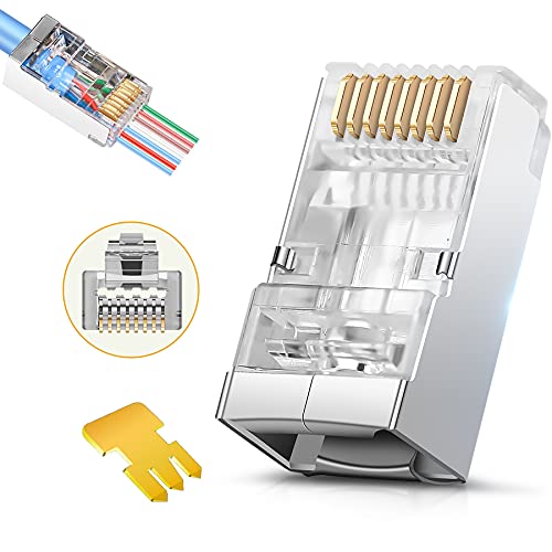 Shielded RJ45 Cat6 Cat 6A Connectors - Pass Through Connector Gold Plated 3 Prong 8P8C Modular Plugs for FTP/STP Stranded Ethernet Cable & Solid Wire(50 Pcs/Jar,23AWG)