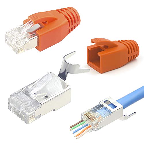 VCELINK Cat7 Cat6A RJ45 Pass Through Connectors Shielded 30-Pack, UL-Listed 3-Prong 50μ Gold Plated Modular Plug Ethernet Ends with Strain Relief Boots (Orange)