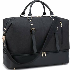 Weekender Overnight Bag Oversized Travel Duffel Leather for Men and Women Carry On Tote Shoe Compartment (Black-D)