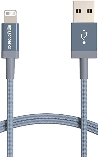 Amazon Basics Nylon USB-A to Lightning Cable Cord, MFi Certified Charger for Apple iPhone 14 13 12 11 X Xs Pro, Pro Max, Plus, iPad, Dark Gray, 6-Ft