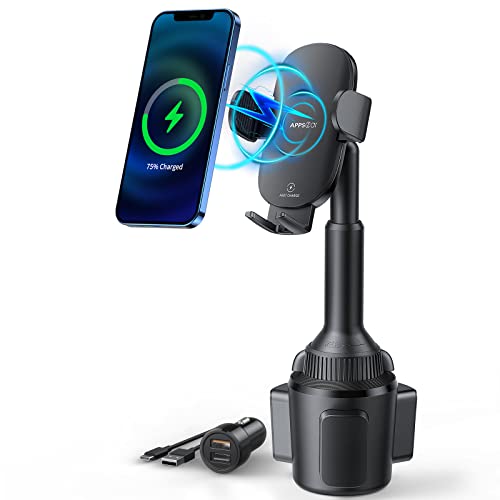 Cup Holder Phone Mount Wireless Car Charger 15W Qi Fast Charging Cup Holder Adjustable Cupholder Phone Holder Charger for Car with QC 3.0 Adapter Compatible with iPhone13/13Pro/Max All Smart Phones