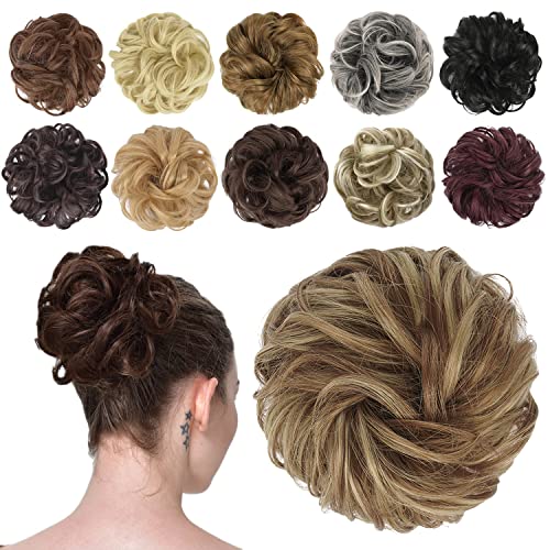 FESHFEN Messy Bun Hair Piece, Messy Hair Bun Scrunchies for Women Brown and Blonde Synthetic Wavy Curly Chignon Ponytail Hair Extensions Thick Updo Hairpiece for Daily Wear 1PCS