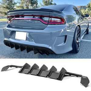 FREEMOTOR802 Compatible With 2015-2022 Dodge Charger Rear Diffuser Quad Exhaust Tips, IKON V1 Style Matte Black 2PCS Rear Bumper Diffuser Lip Shark Fins - PP