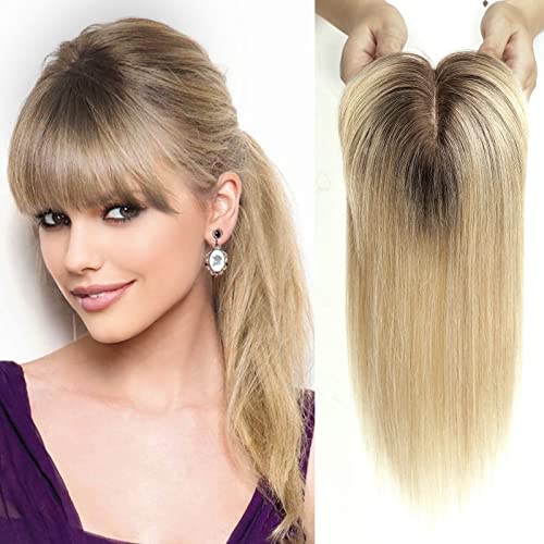 HAIRCUBE Human Hair Toppers For Women, 100% Remy Human Hair Topper With Bangs, 150% Density Silk Base Clip In Topper 14 inch 40g - Ombre Light Blonde