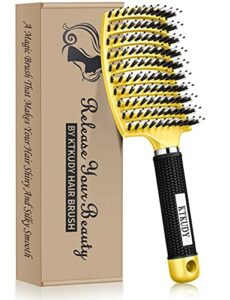 KTKUDY Detangling Brush Boar Bristles Hair Brush Make Hair Shiny & Healthier Curved and Vented Detangler Brush for Women Men Kids Wet and Dry Hair (Yellow)