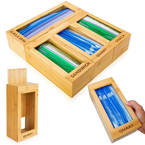 mHomeAid Bag Storage Organizer - Bamboo Food Plastic Baggie Holder, Dispenser, and Container for Kitchen Drawer and Cabinet - Fits Ziplock and Ziploc Gallon, Quart, Sandwich & Snack Sized Slider Bags